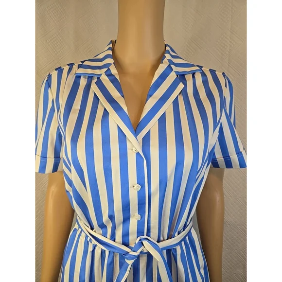 J Peterman Size 6 Blue White Striped Belted Shirt Dress Midi Pockets Classic - Picture 7 of 12